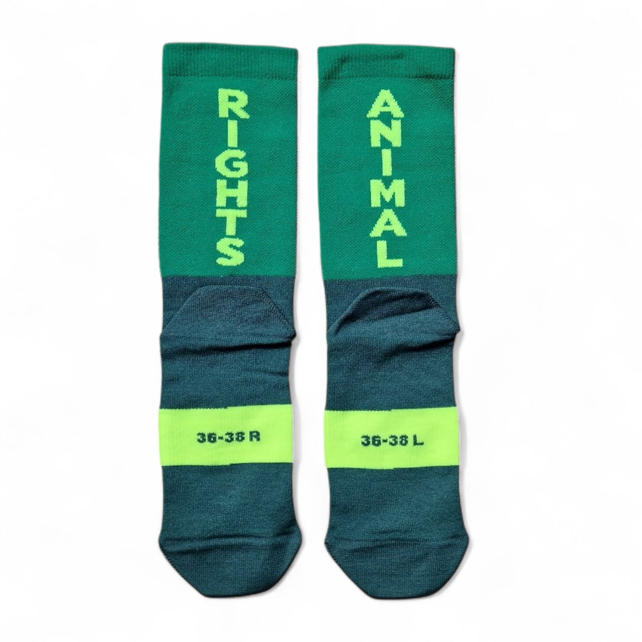 Green Vegan socks with 'Animal Rights' text on a white background