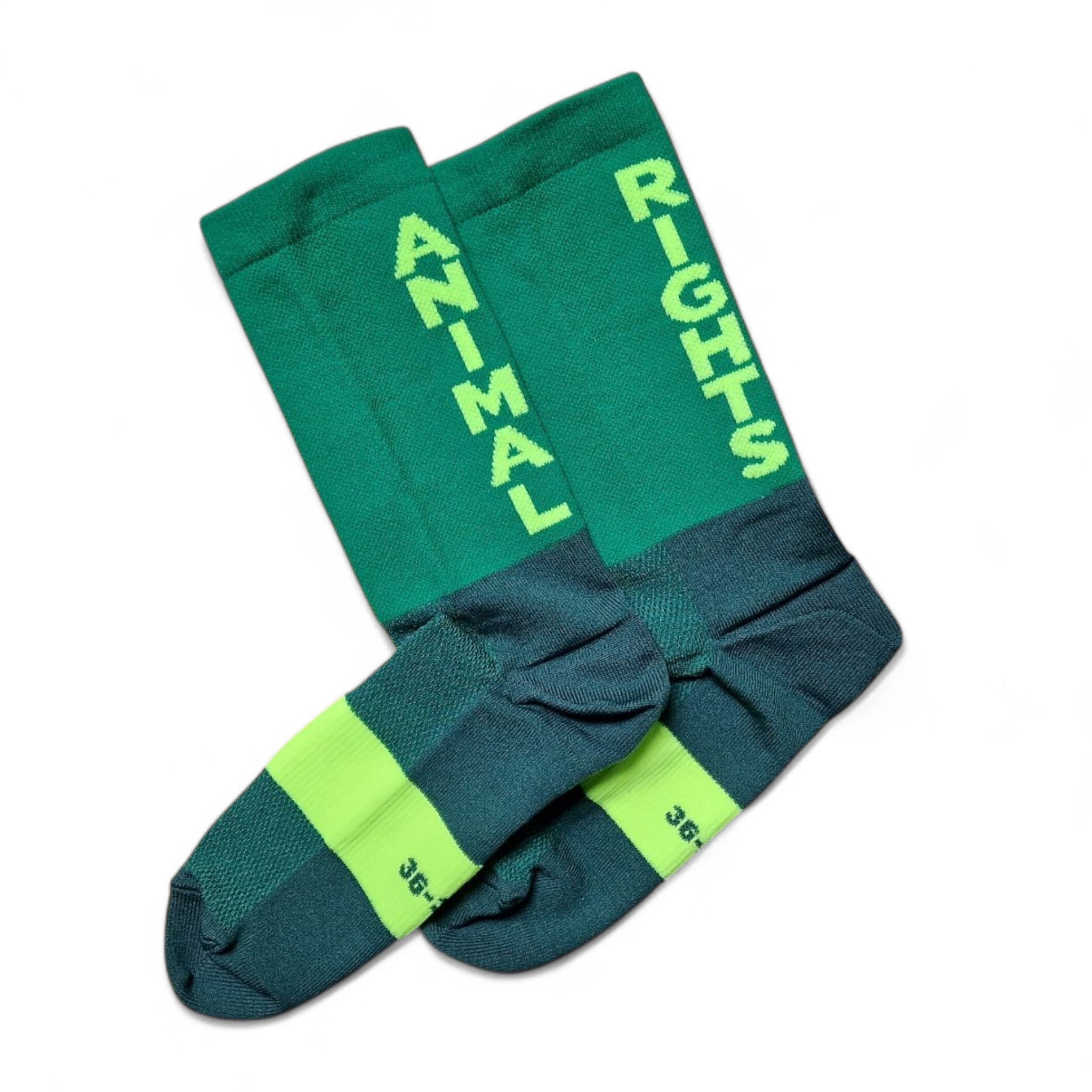 Green Vegan socks with 'Animal Rights' text on a white background