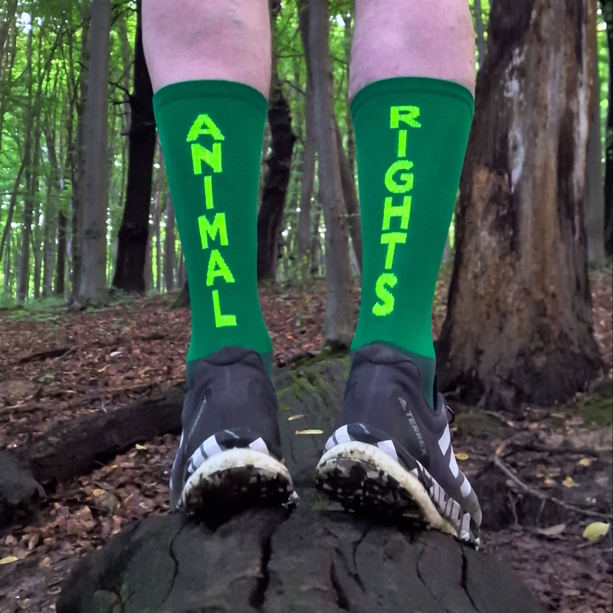 Person wearing green Vegan socks with 'Animal Rights' text in a forest setting