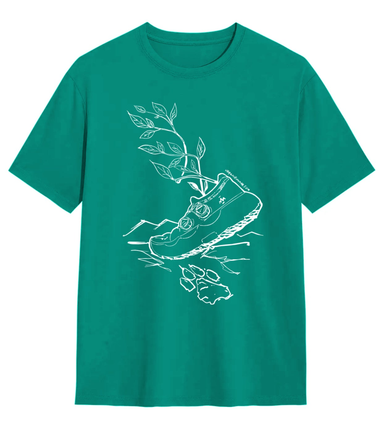 Green t-shirt with white graphic design created by Vegan Runners Ukraine on a white background